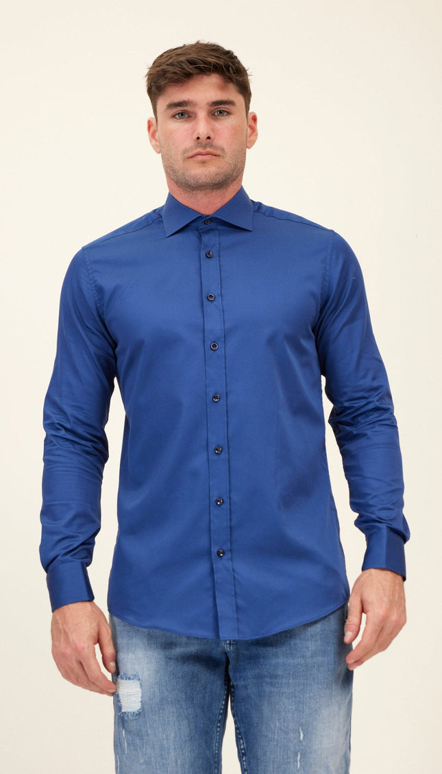 Spread Collar Fitted Dress Shirt - Navy