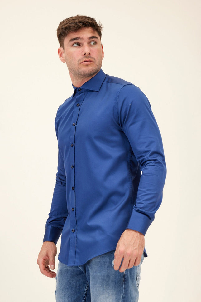 Spread Collar Fitted Dress Shirt - Navy