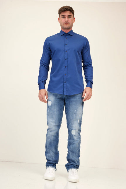Men's Spread Collar Fitted Dress Shirt - Navy | Ron Tomson
