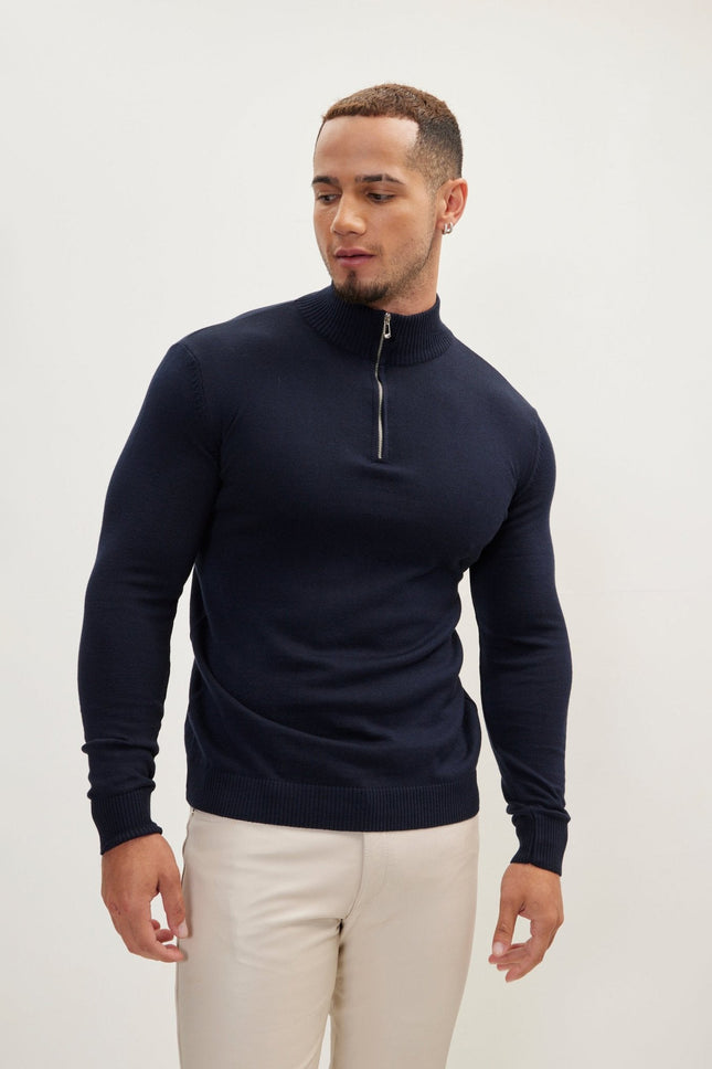 Men's Cotton Quarter-Zip Sweater - Navy | Ron Tomson