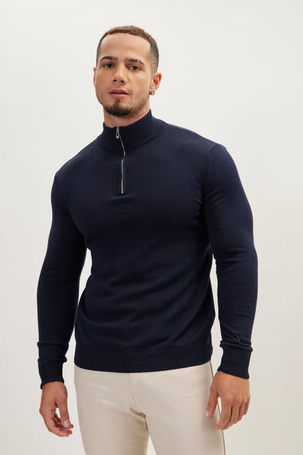 Men's Cotton Quarter-Zip Sweater - Navy | Ron Tomson