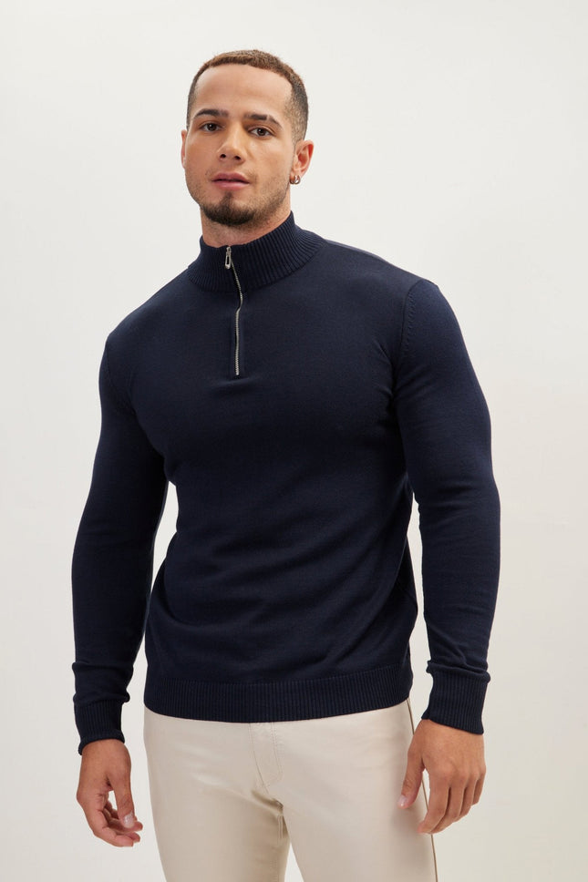 Men's Cotton Quarter-Zip Sweater - Navy | Ron Tomson