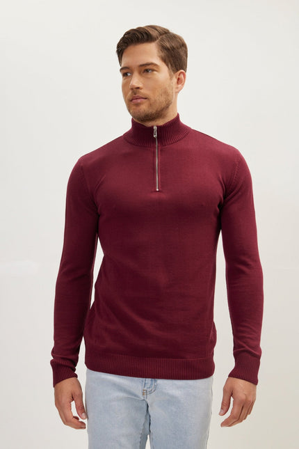 Men's Ribbed Mock-Neck Sweater - Burgundy | Ron Tomson