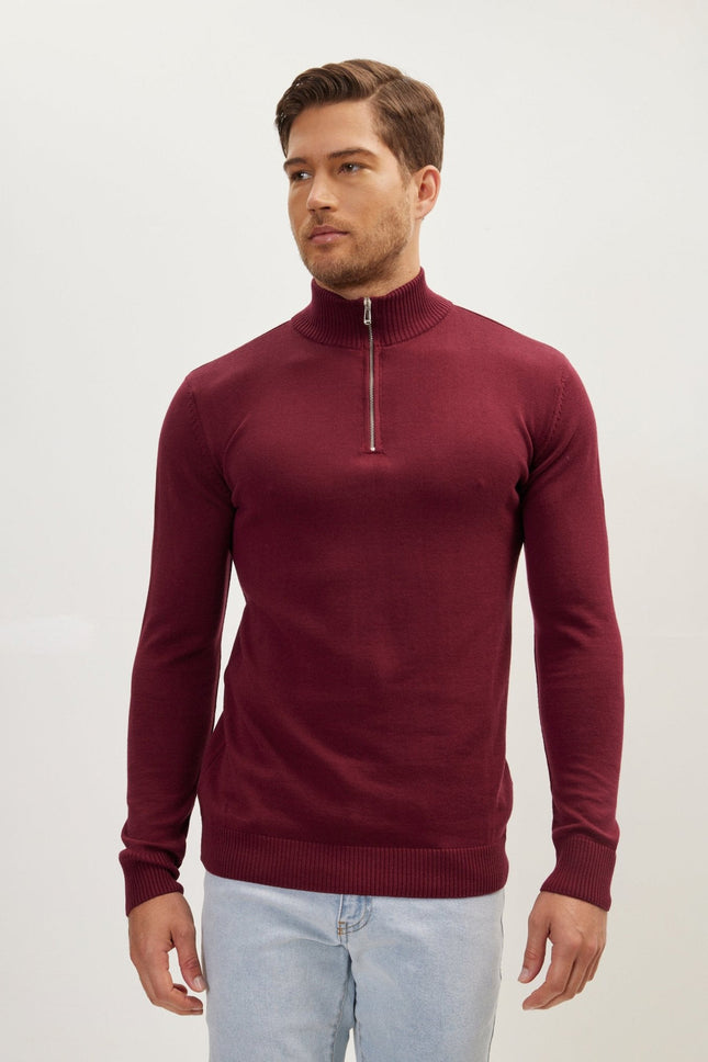 Men's Ribbed Mock-Neck Sweater - Burgundy | Ron Tomson