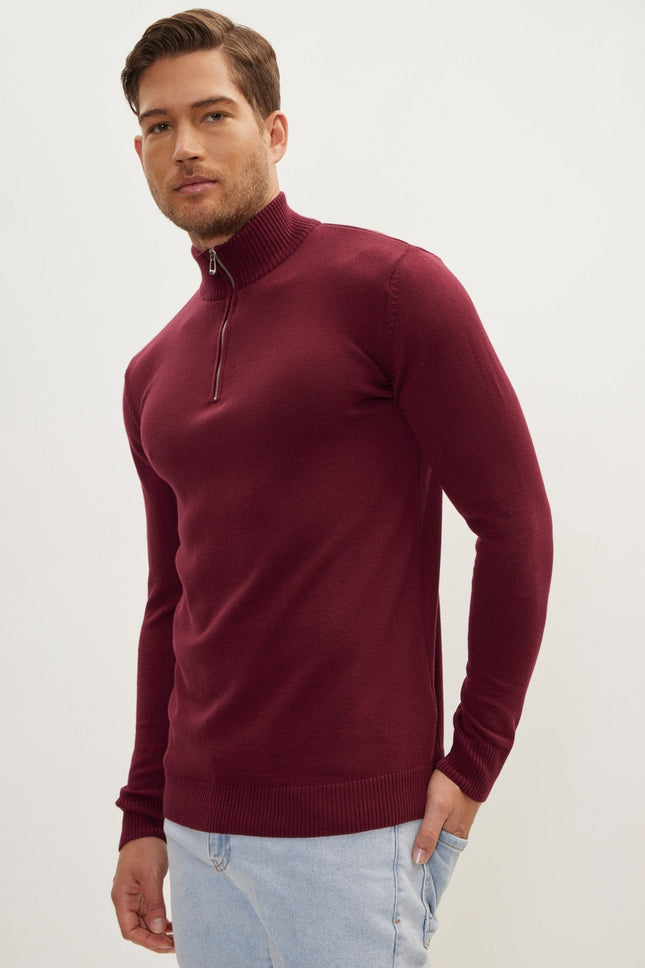 Men's Ribbed Mock-Neck Sweater - Burgundy | Ron Tomson