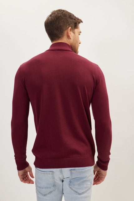 Men's Ribbed Mock-Neck Sweater - Burgundy | Ron Tomson