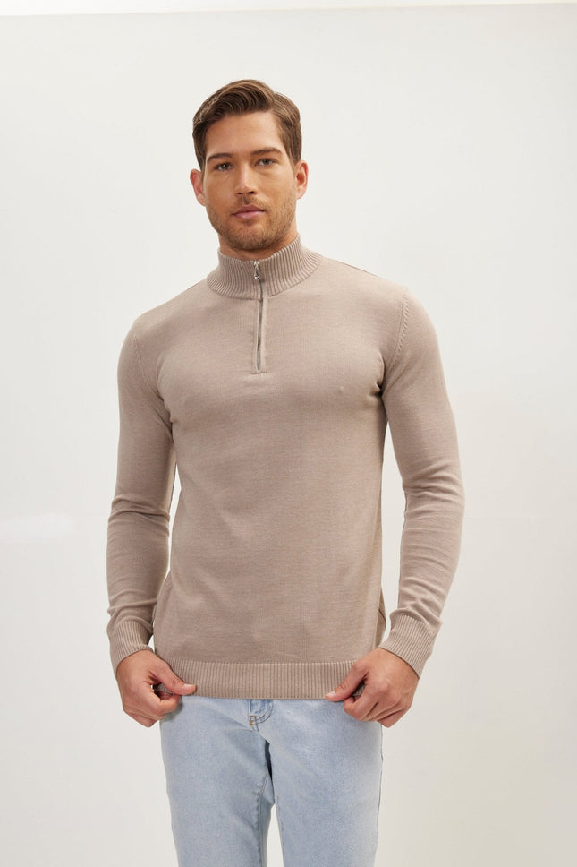 Men's Ribbed Mock-Neck Sweater - Beige | Ron Tomson