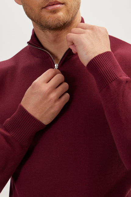 Men's Ribbed Mock-Neck Sweater - Burgundy | Ron Tomson