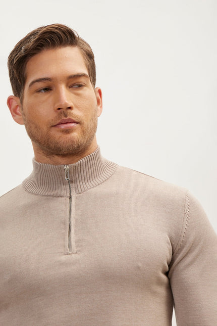 Men's Ribbed Mock-Neck Sweater - Beige | Ron Tomson