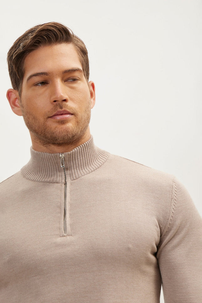 Men's Ribbed Mock-Neck Sweater - Beige | Ron Tomson