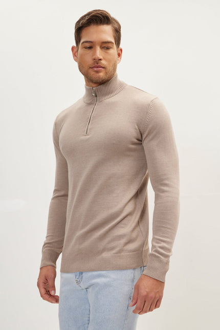 Men's Ribbed Mock-Neck Sweater - Beige | Ron Tomson