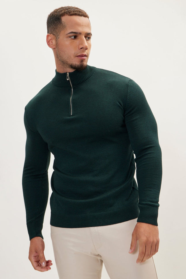 Men's Cotton Quarter-Zip Sweater - Green | Ron Tomson