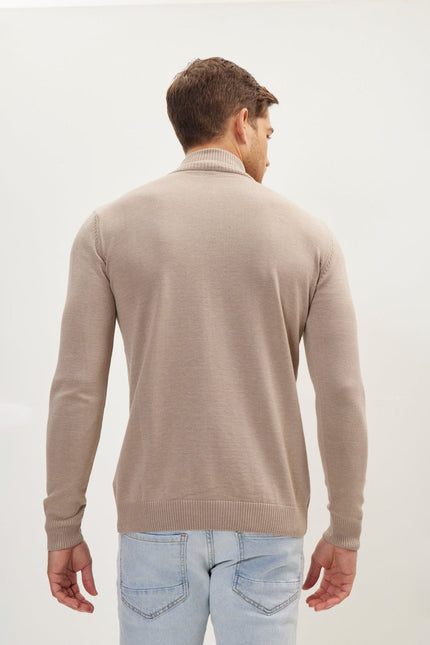 Men's Ribbed Mock-Neck Sweater - Beige | Ron Tomson