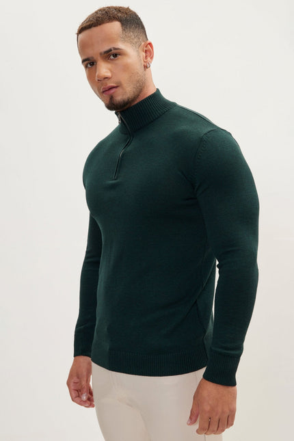 Men's Cotton Quarter-Zip Sweater - Green | Ron Tomson
