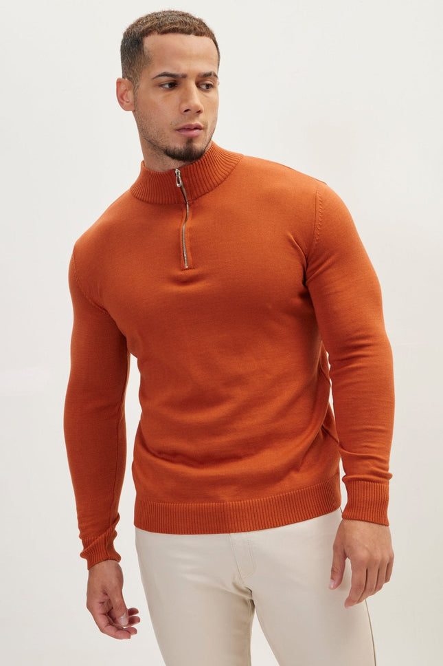Men's Ribbed Quarter-Zip Sweater - Tile | Ron Tomson