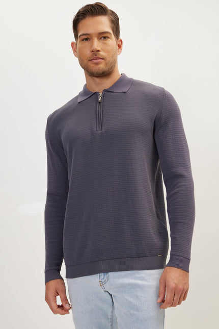 Men's Quarter-Zip Ribbed Polo Sweater - Anthracite | Ron Tomson
