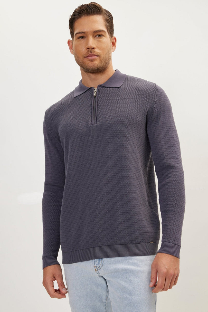 Men's Quarter-Zip Ribbed Polo Sweater - Anthracite | Ron Tomson