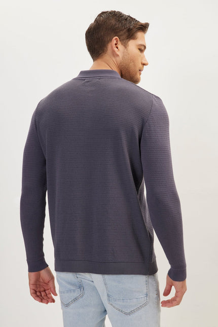 Men's Quarter-Zip Ribbed Polo Sweater - Anthracite | Ron Tomson