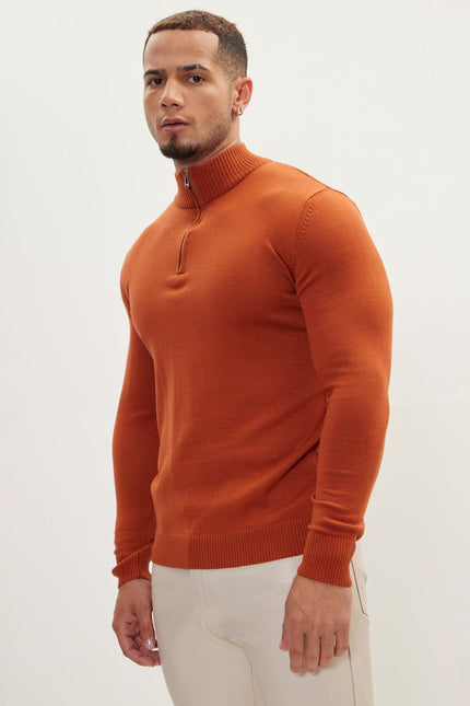 Men's Ribbed Quarter-Zip Sweater - Tile | Ron Tomson