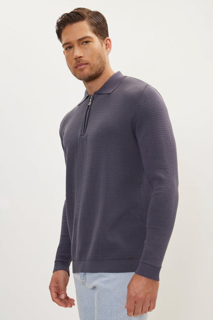 Men's Quarter-Zip Ribbed Polo Sweater - Anthracite | Ron Tomson