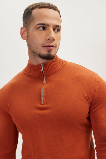 Men's Ribbed Quarter-Zip Sweater - Tile | Ron Tomson