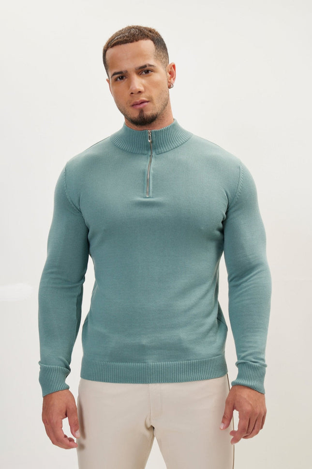 Men's Muscle Quarter-Zip Sweater - Teal Green | Ron Tomson