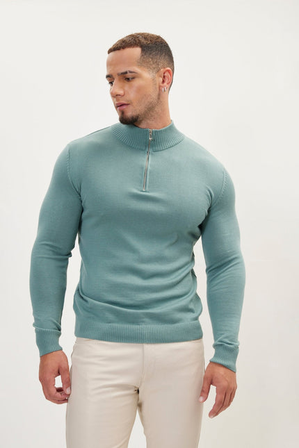 Men's Muscle Quarter-Zip Sweater - Teal Green | Ron Tomson