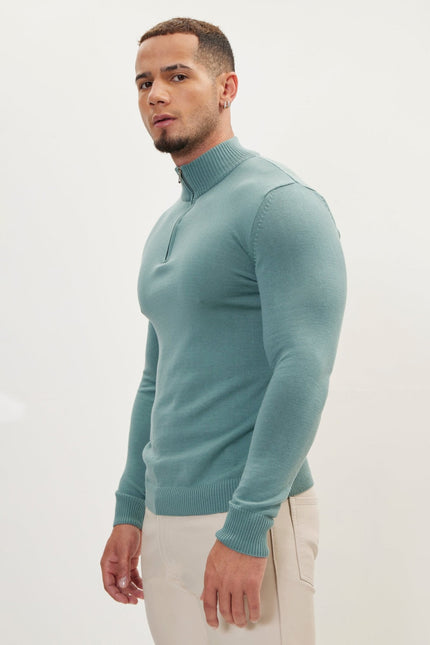 Men's Muscle Quarter-Zip Sweater - Teal Green | Ron Tomson