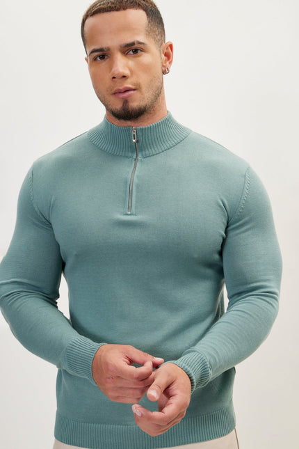 Men's Muscle Quarter-Zip Sweater - Teal Green | Ron Tomson