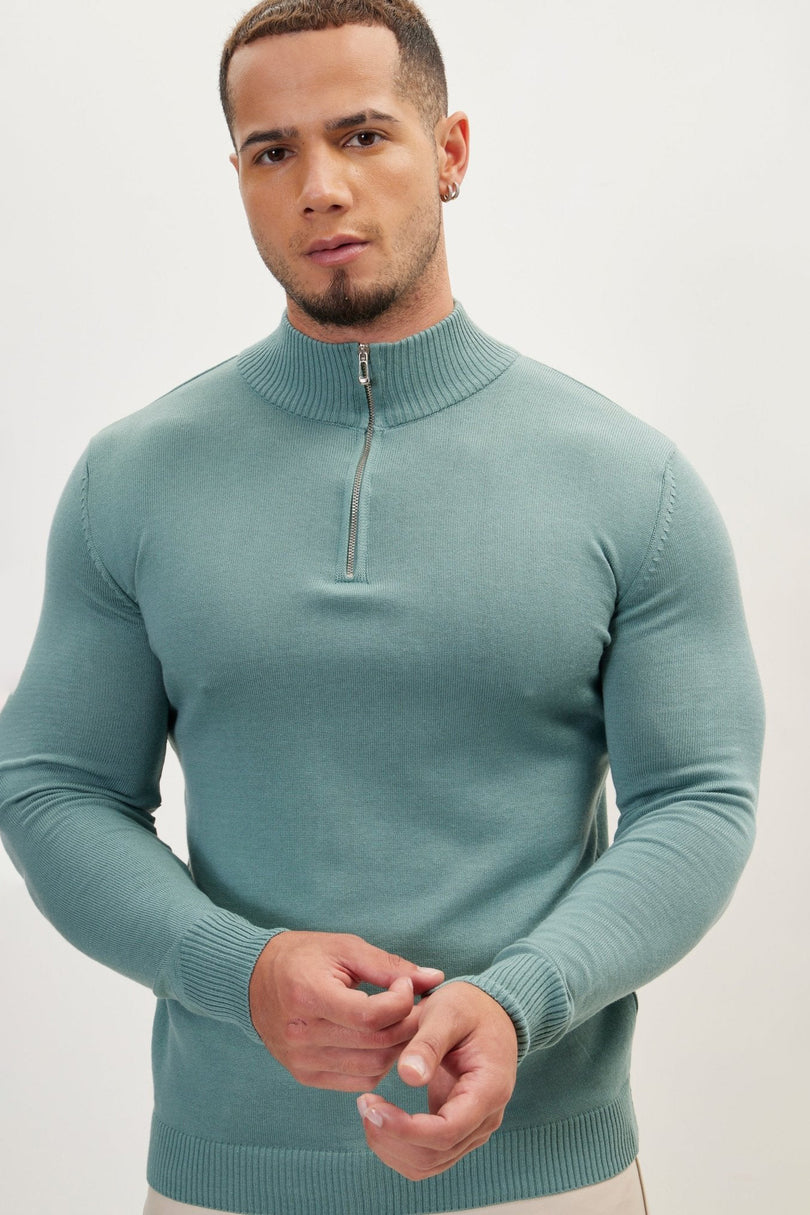 Men's Muscle Quarter-Zip Sweater - Teal Green | Ron Tomson