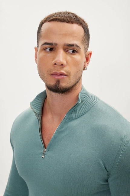 Men's Muscle Quarter-Zip Sweater - Teal Green | Ron Tomson