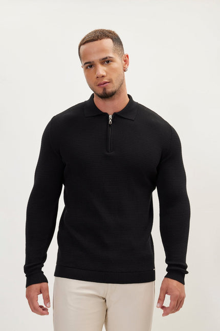 Men's Quarter-Zip Ribbed Polo Sweater - Black | Ron Tomson