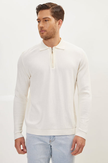Men's Cotton Ribbed Quarter-Zip Sweater - Ecru | Ron Tomson