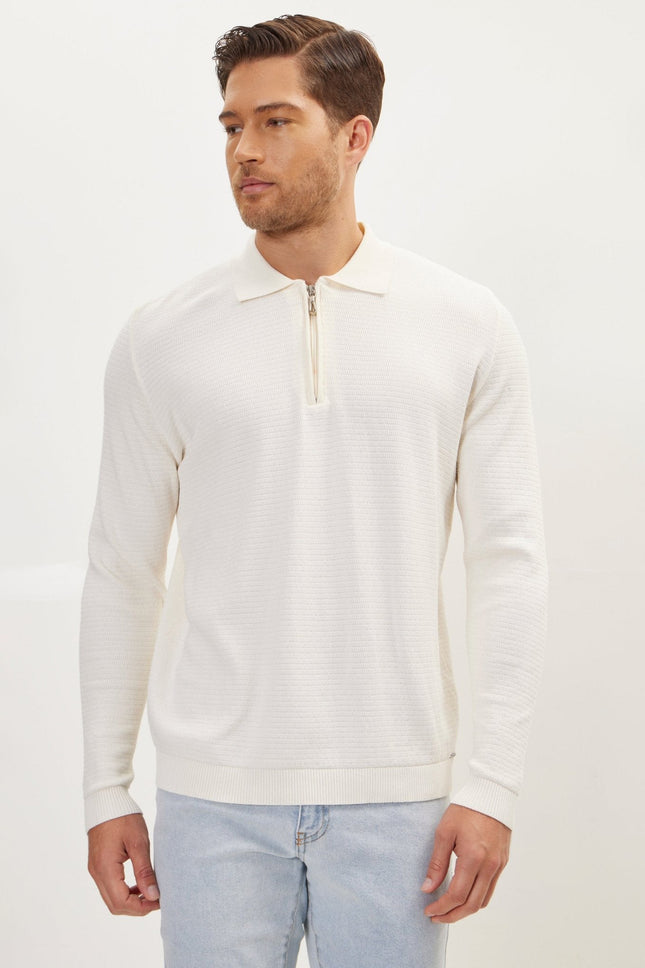 Men's Cotton Ribbed Quarter-Zip Sweater - Ecru | Ron Tomson