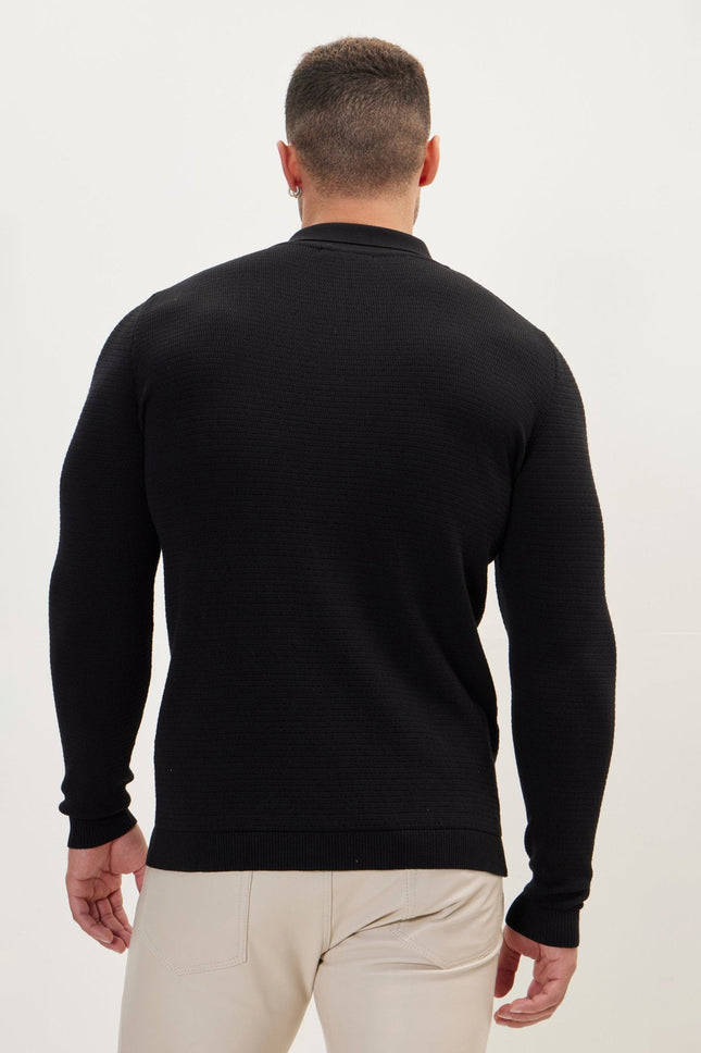 Men's Quarter-Zip Ribbed Polo Sweater - Black | Ron Tomson