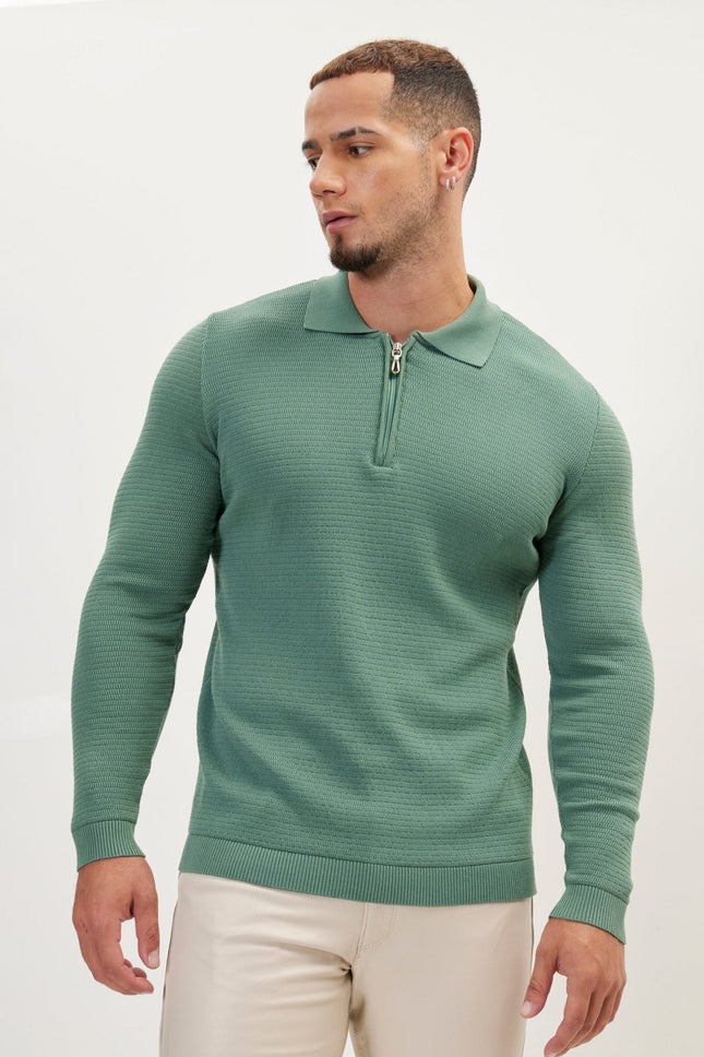 Men's Quarter-Zip Ribbed Polo Sweater - Teal Green | Ron Tomson