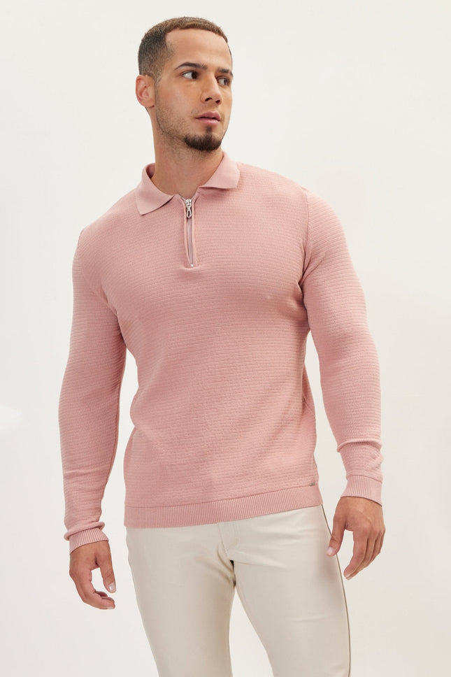 Men's Quarter-Zip Ribbed Polo Sweater - Rose | Ron Tomson