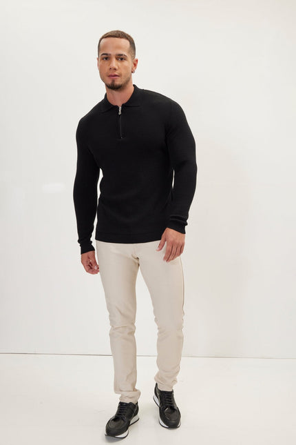 Men's Quarter-Zip Ribbed Polo Sweater - Black | Ron Tomson