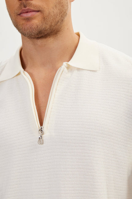 Men's Cotton Ribbed Quarter-Zip Sweater - Ecru | Ron Tomson