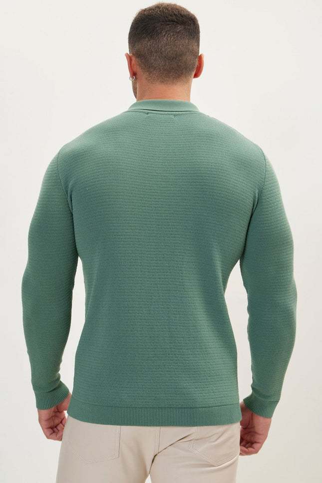 Men's Quarter-Zip Ribbed Polo Sweater - Teal Green | Ron Tomson