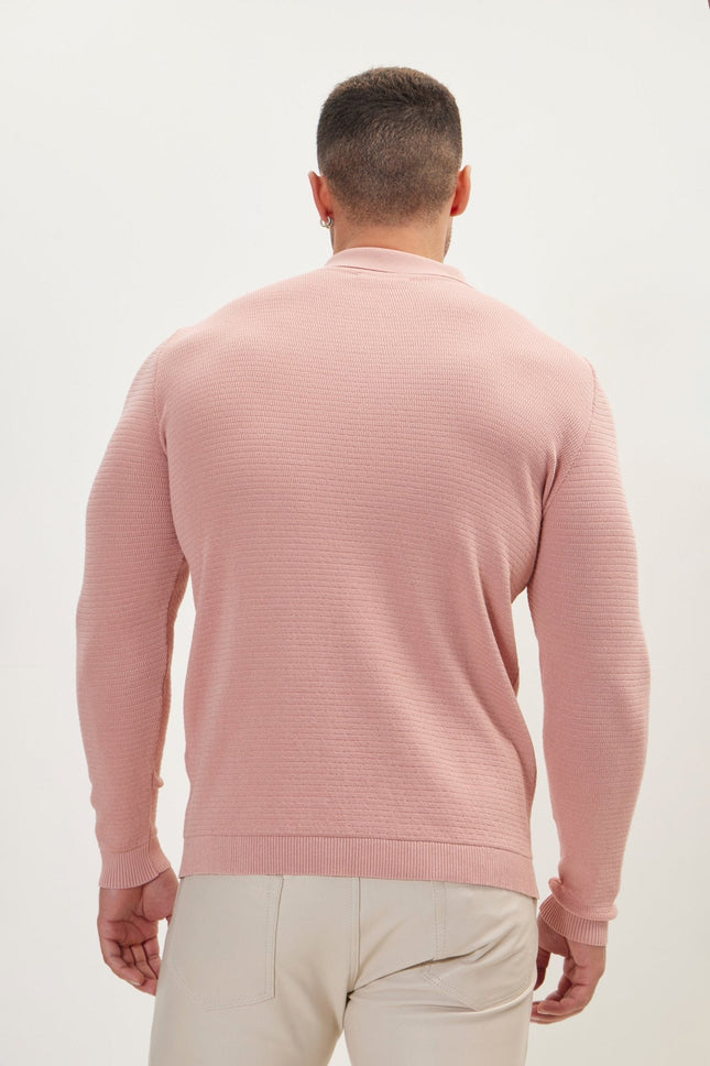 Men's Quarter-Zip Ribbed Polo Sweater - Rose | Ron Tomson