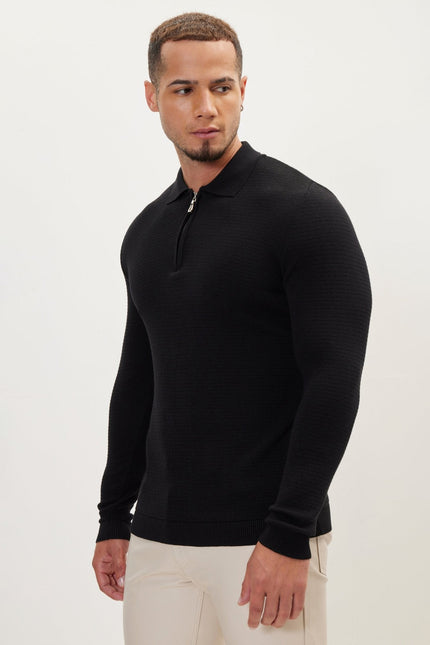 Men's Quarter-Zip Ribbed Polo Sweater - Black | Ron Tomson