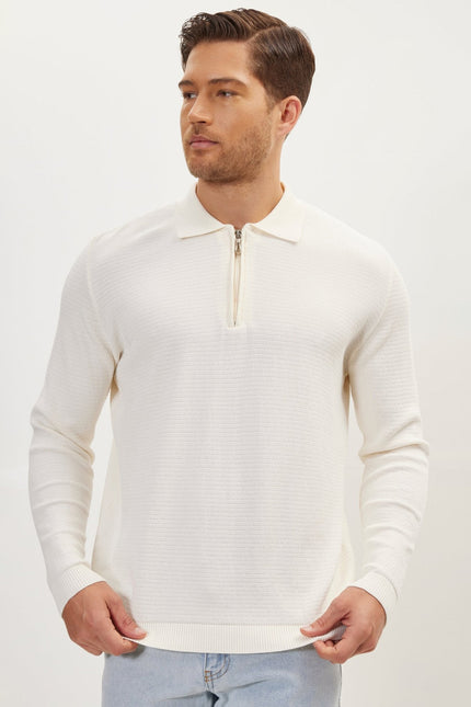 Men's Cotton Ribbed Quarter-Zip Sweater - Ecru | Ron Tomson