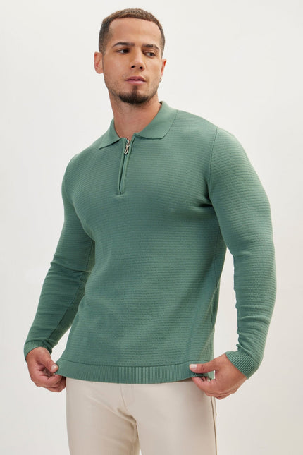Men's Quarter-Zip Ribbed Polo Sweater - Teal Green | Ron Tomson