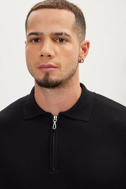 Men's Quarter-Zip Ribbed Polo Sweater - Black | Ron Tomson