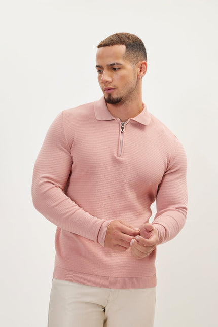 Men's Quarter-Zip Ribbed Polo Sweater - Rose | Ron Tomson