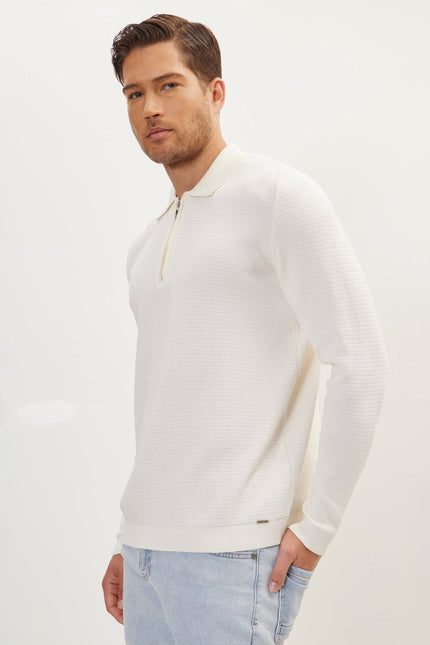 Men's Cotton Ribbed Quarter-Zip Sweater - Ecru | Ron Tomson