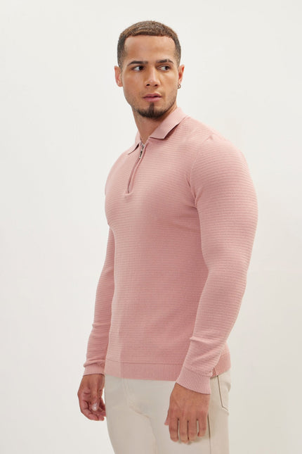 Men's Quarter-Zip Ribbed Polo Sweater - Rose | Ron Tomson