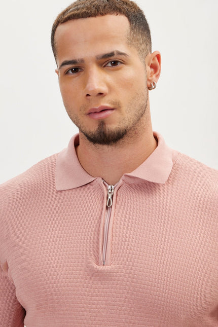 Men's Quarter-Zip Ribbed Polo Sweater - Rose | Ron Tomson