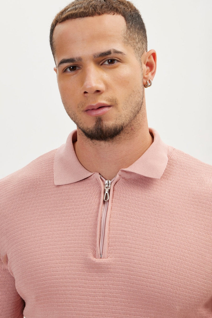 Men's Quarter-Zip Ribbed Polo Sweater - Rose | Ron Tomson